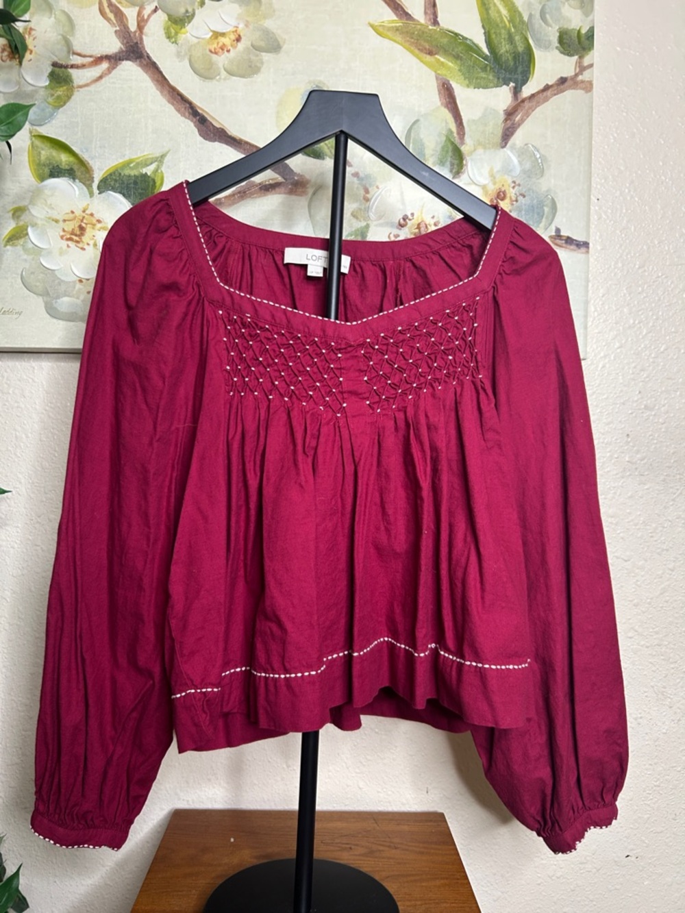 LOFT Wine Red Smocked Peasant Blouse